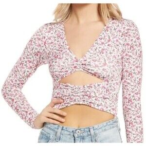 AFRM Womens XL Gimli Floral Long Sleeve Bodysuit Blush Pink Ditsy Cut Out V Neck